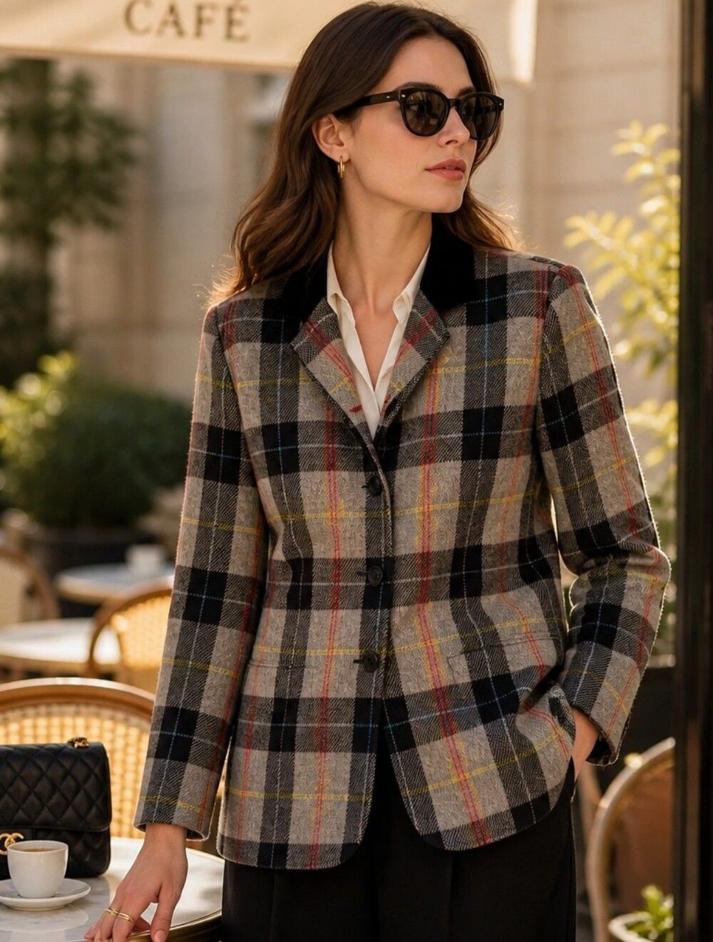 Wool Plaid Button-Front Jacket with Black Collar - Women